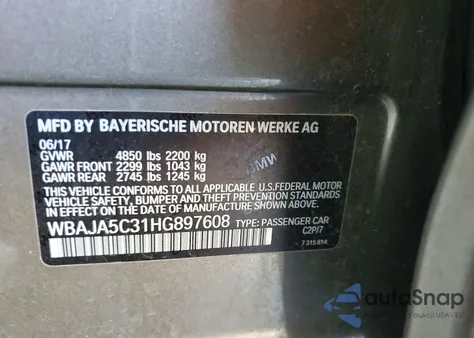 2017 BMW 530 I из США, поврежденный, VIN WBAJA5C31HG897608